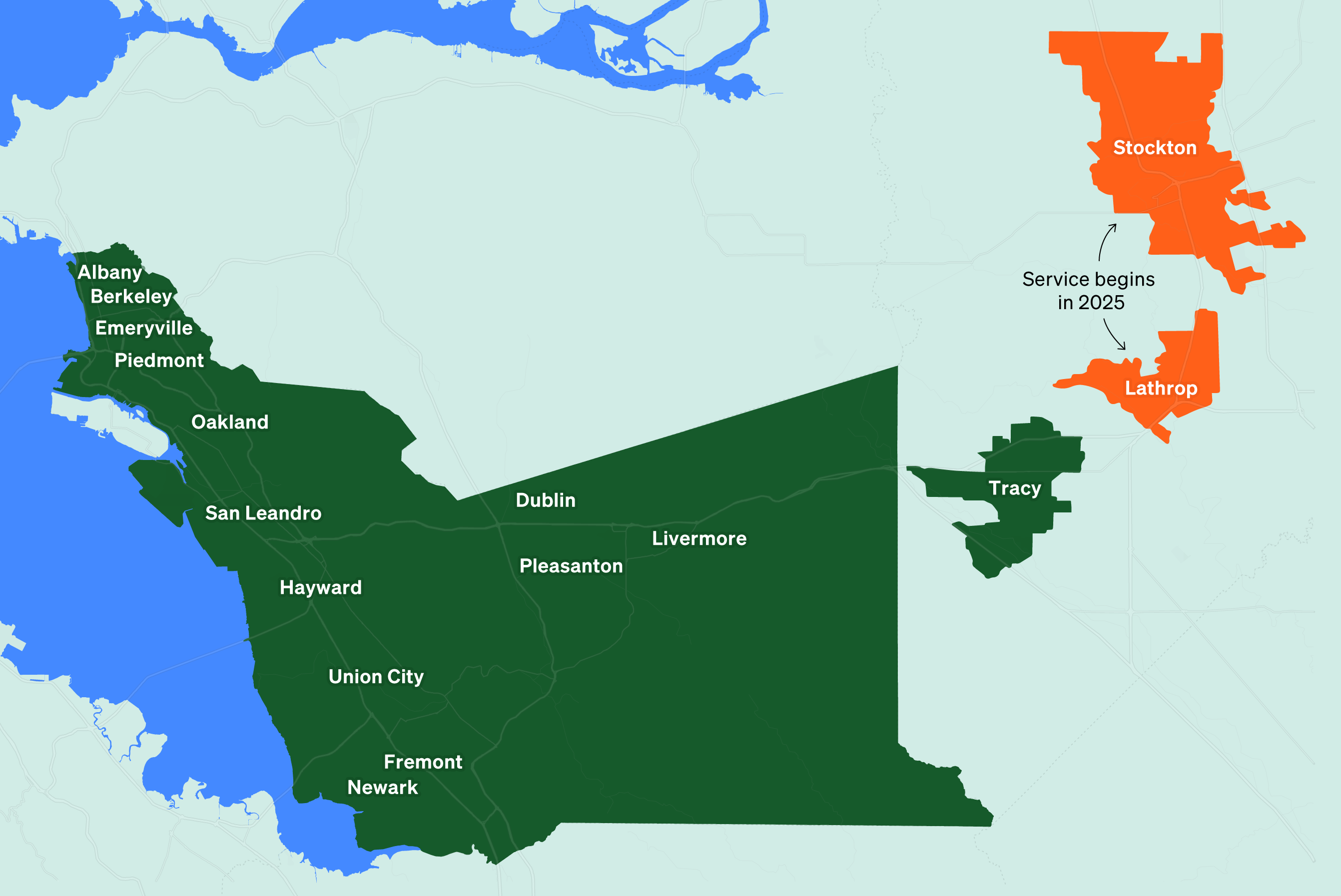 Service Area Map Showing All Of Alameda County (Except For The Island Of Alameda) And The City Of Tracy. Stockton And Lathrop Are Also Highlighted, With Arrows Indicating That Service Will Start In Those Cities In 2025.