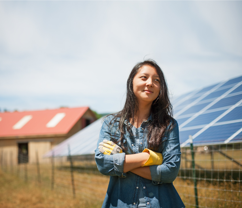 woman with solar panels