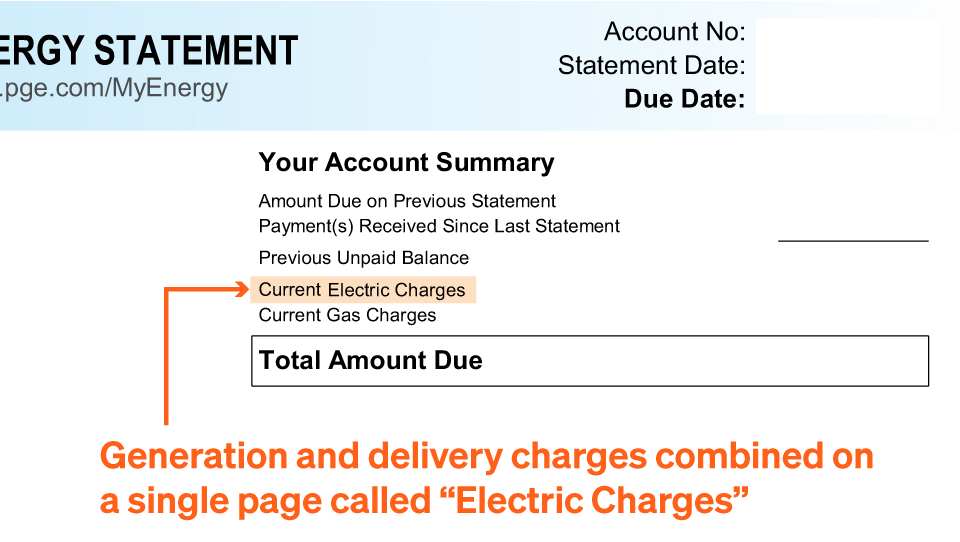 Page 1 Of A Pg&Amp;E Bill Showing Electric Generation And Delivery Charges Combined Into A Single Line Item, Which Is How Electric Charges Are Presented Before A Customer Joins Ava Service.