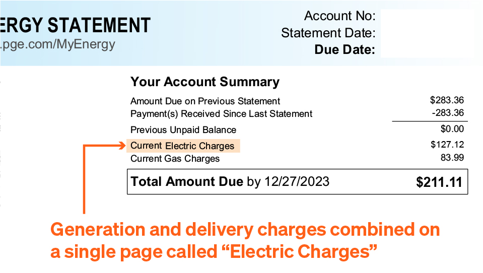 Page 1 Of A Pg&Amp;E Bill Showing Electric Generation And Delivery Charges Combined Into A Single Line Item, Which Is How Electric Charges Are Presented Before A Customer Joins Ava Service.