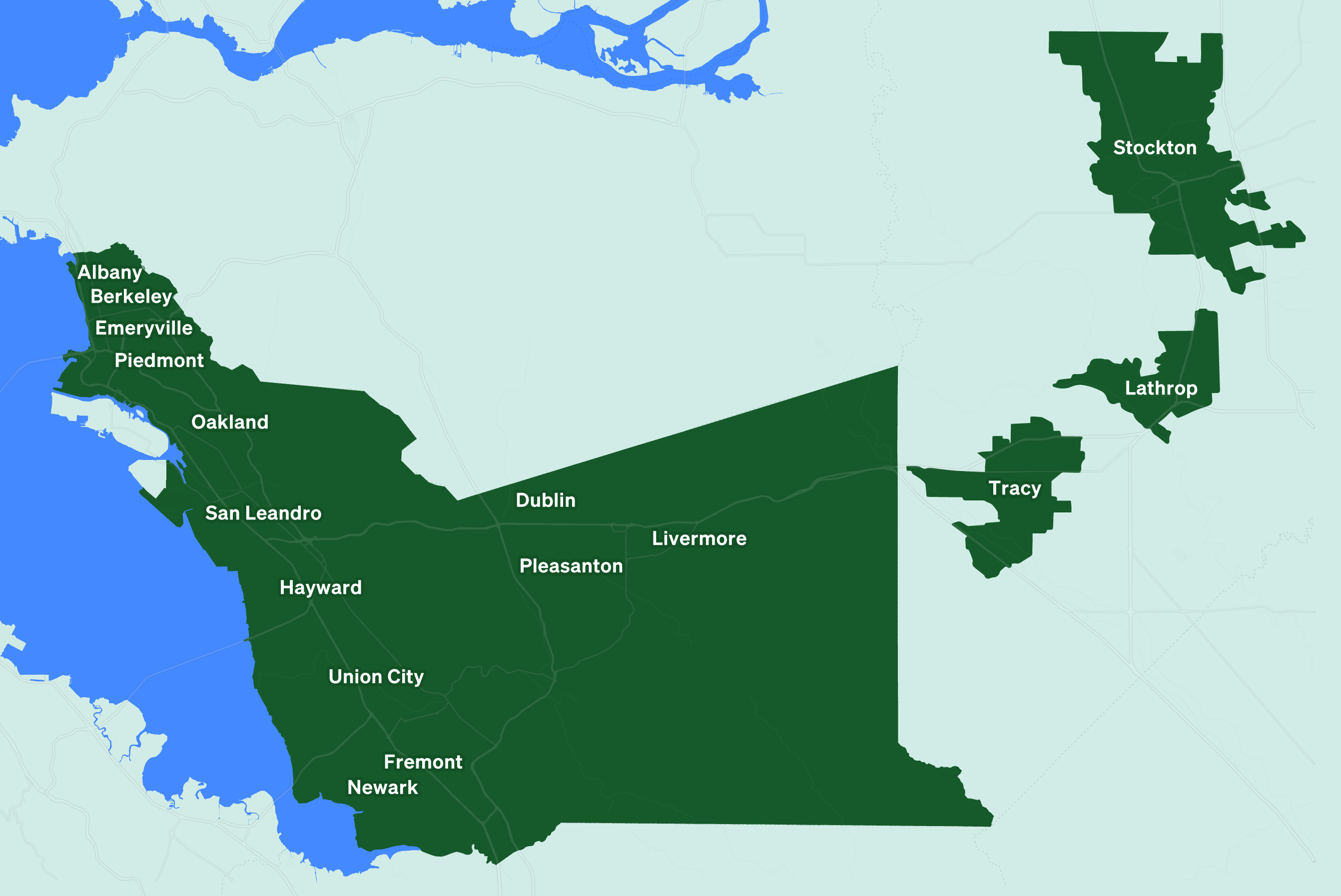 Map Of Ava Service Area, Including All Of Alameda County (Except The Island Of Alameda) And The Cities Of Tracy, Stockton, And Lathrop.