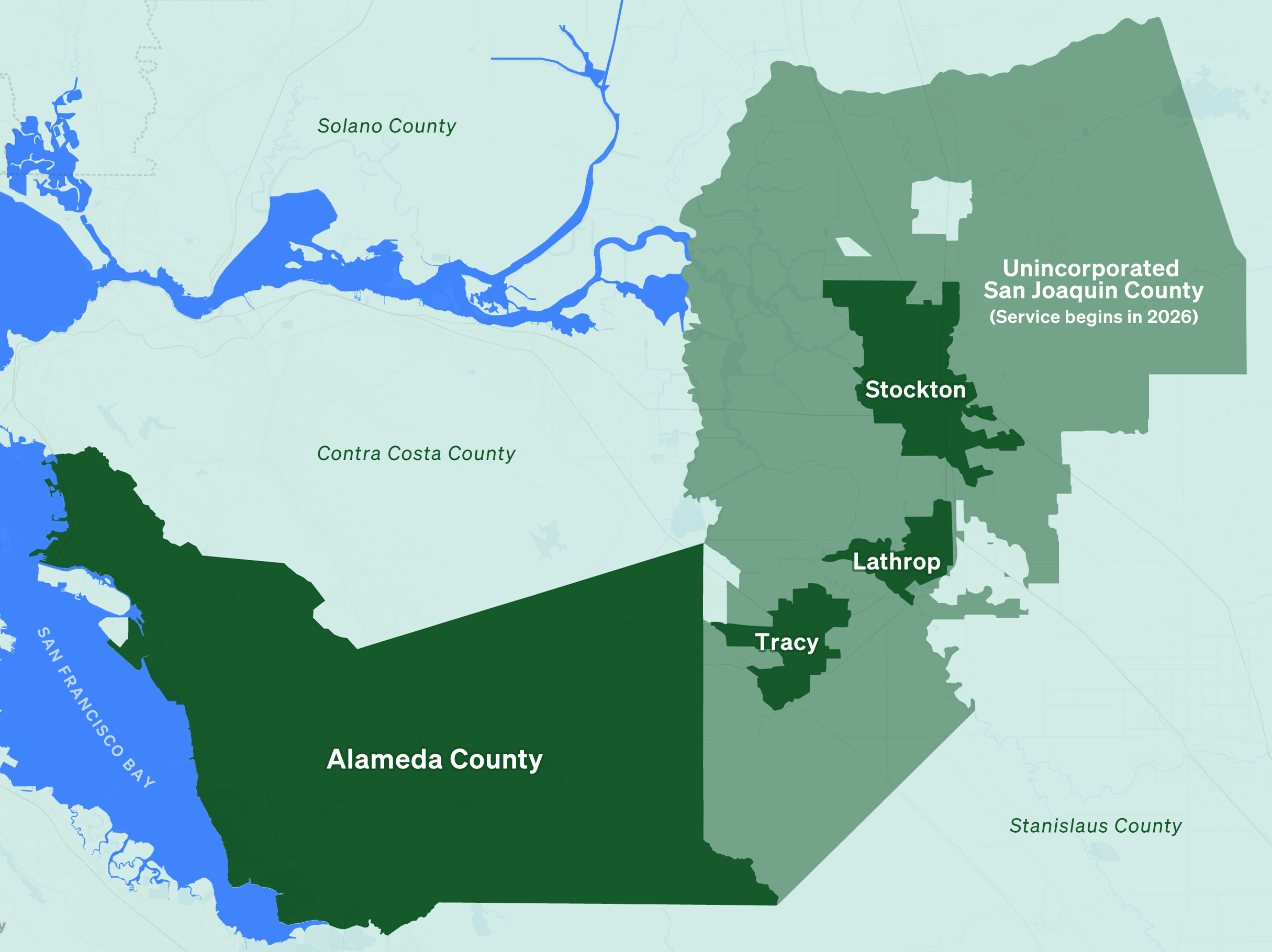 Mapa de Ava Área de servicio, que incluye todo el condado de Alameda (excepto la isla de Alameda) y las ciudades de Tracy, Stockton y Lathrop. El condado no incorporado de San Joaquín comenzará a prestar servicio en 2026.