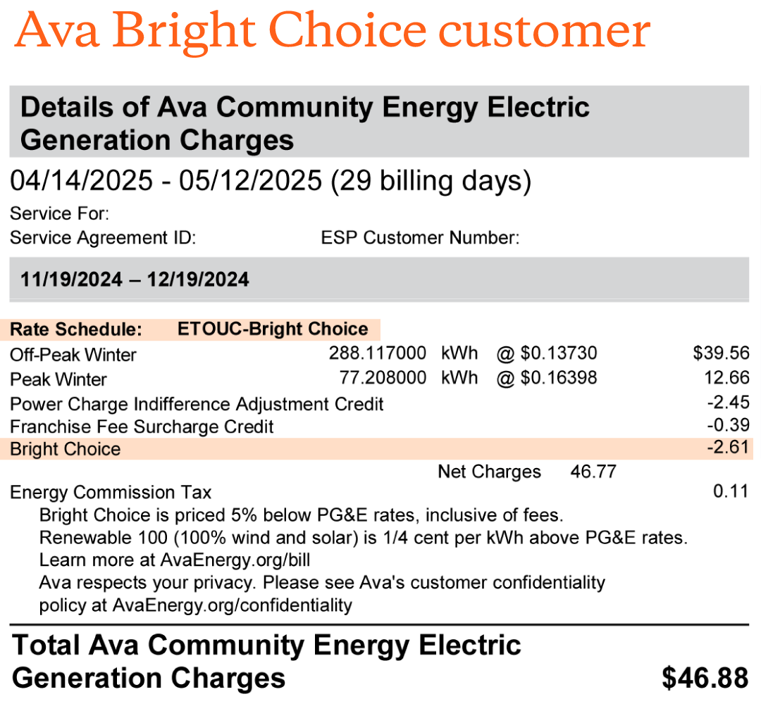 Ava Bright Choice Bill Showing A 5% Generation Credit