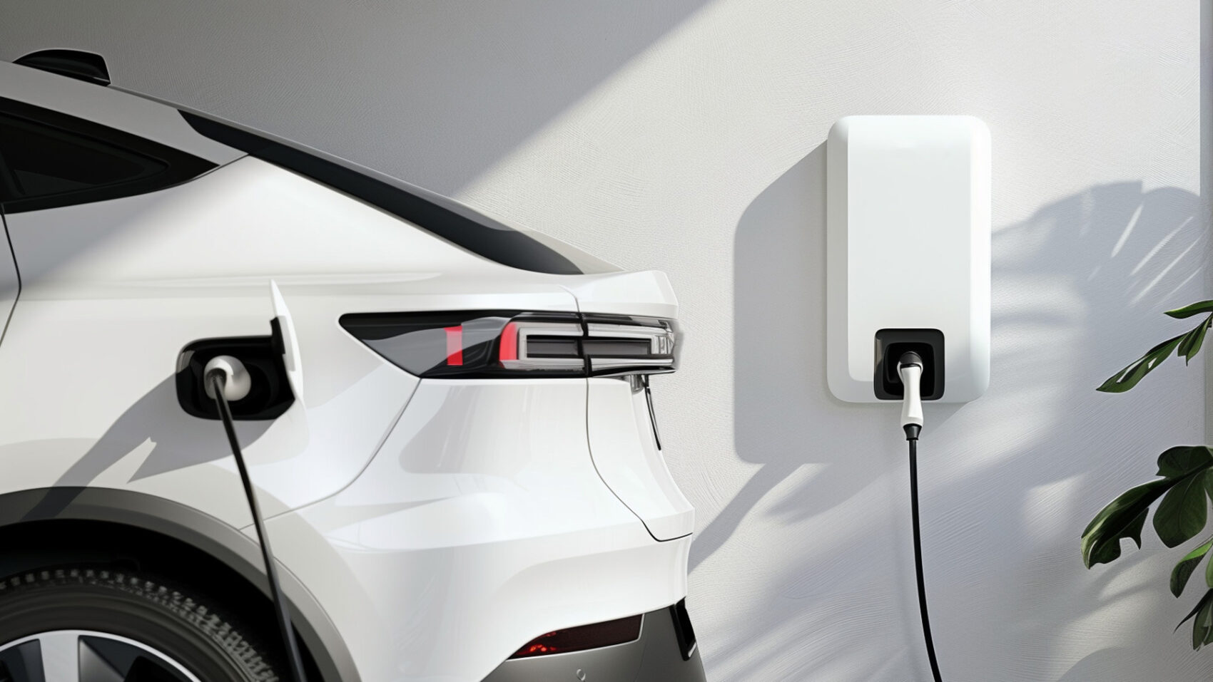 Image Of A White Electric Vehicle Plugged In And Charging From A Home Wall Charger.