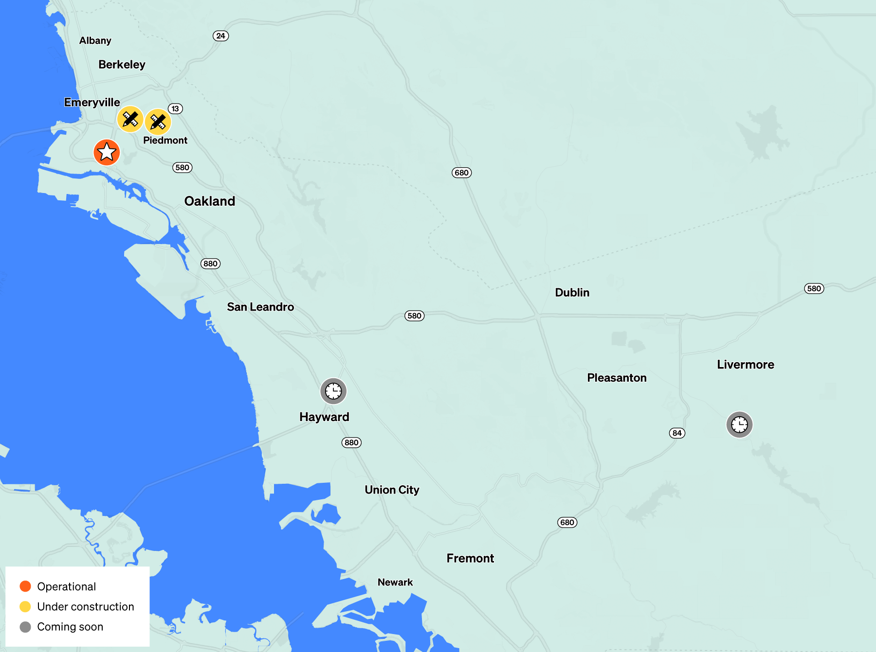 Map of Ava Charge sites showing one operational site in Oakland and two under development in Piedmont