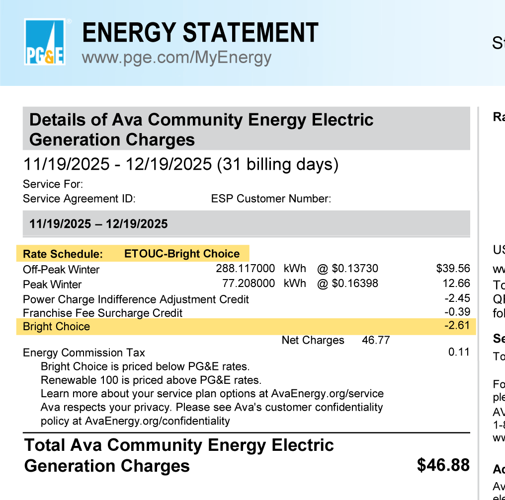 Snippet Of A Pg&Amp;E Bill Showing Page 4, Ava Generation Charges, With The Bright Choice Service Plan Line Item Highlighted