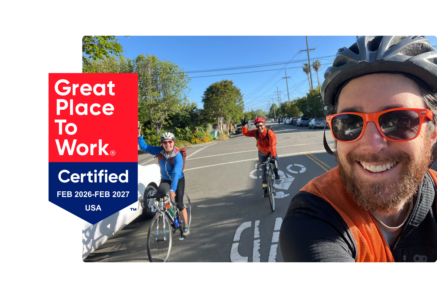 Great Place to Work badge overlaying Ava staff biking to work for Bike to Work Day