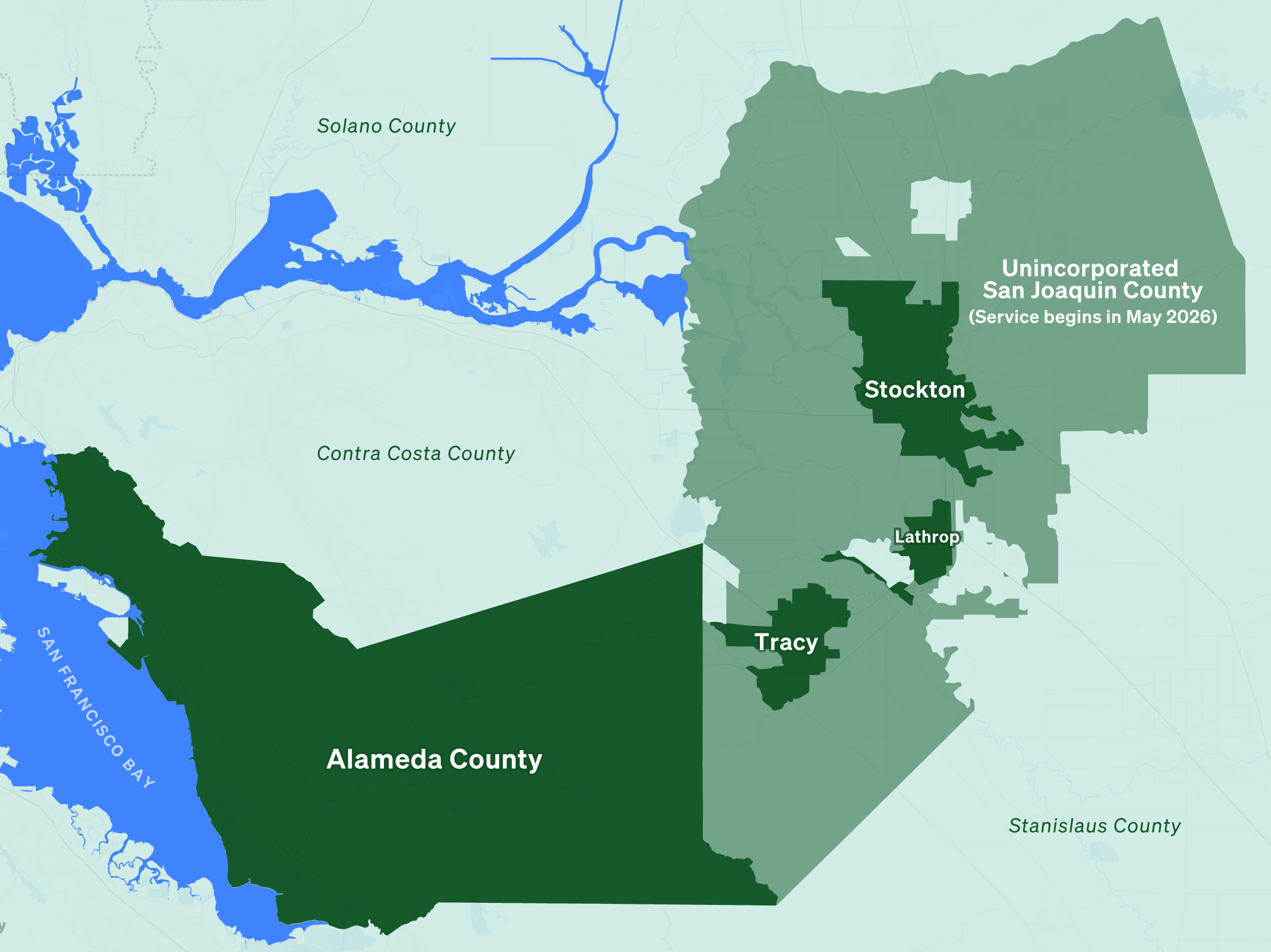 Map Of Ava Service Area, Including All Of Alameda County (Except The Island Of Alameda) And The Cities Of Tracy, Stockton, And Lathrop. Unincorporated San Joaquin County Will Begin Service In May 2026.