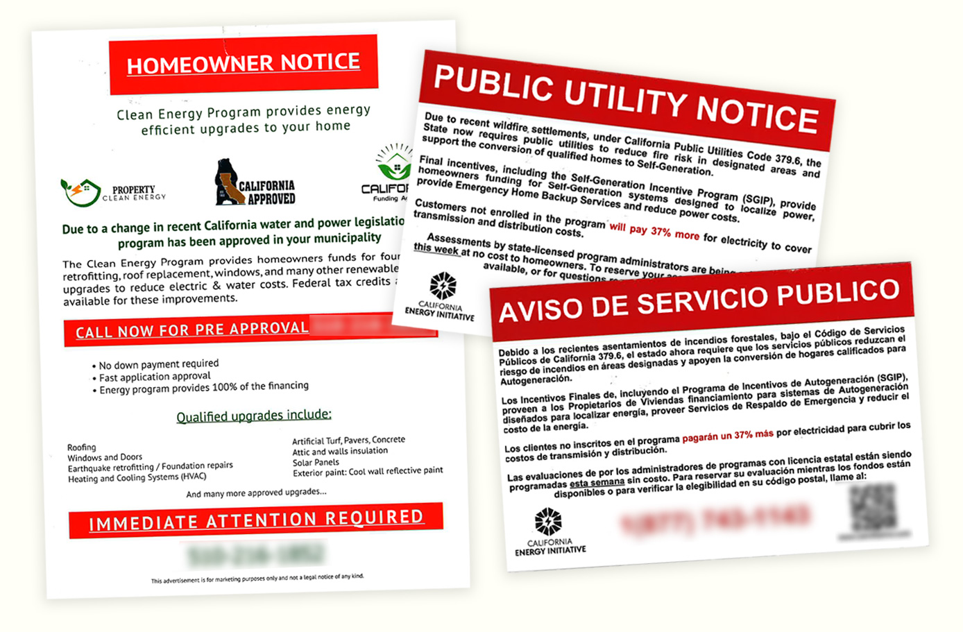 Examples Of Energy Scam Flyers That Show Predatory Sales Tactics And Falsely Represent Utility And Government Programs.