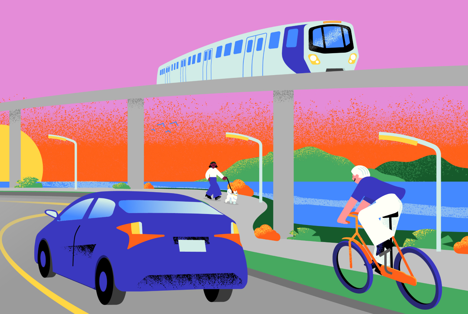 illustration of local infrastructure, including bike paths, public transit, and an EV.