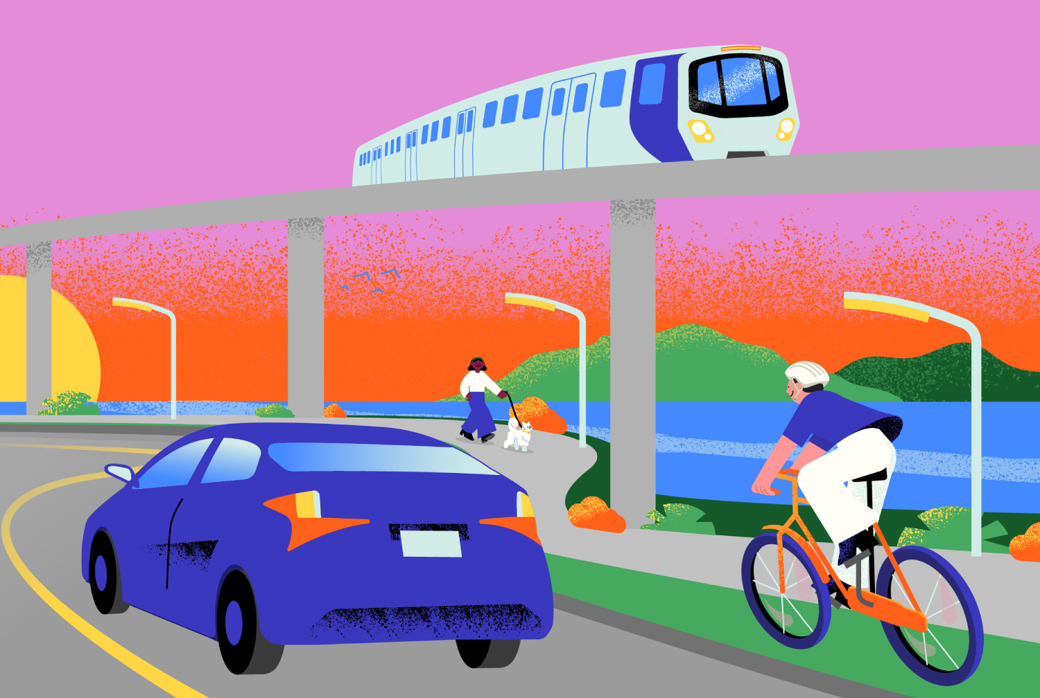 illustration of local infrastructure, including bike paths, public transit, and an EV.