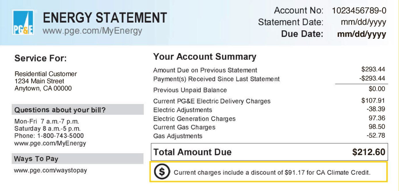 Pg&Amp;E Bill With California Climate Credit