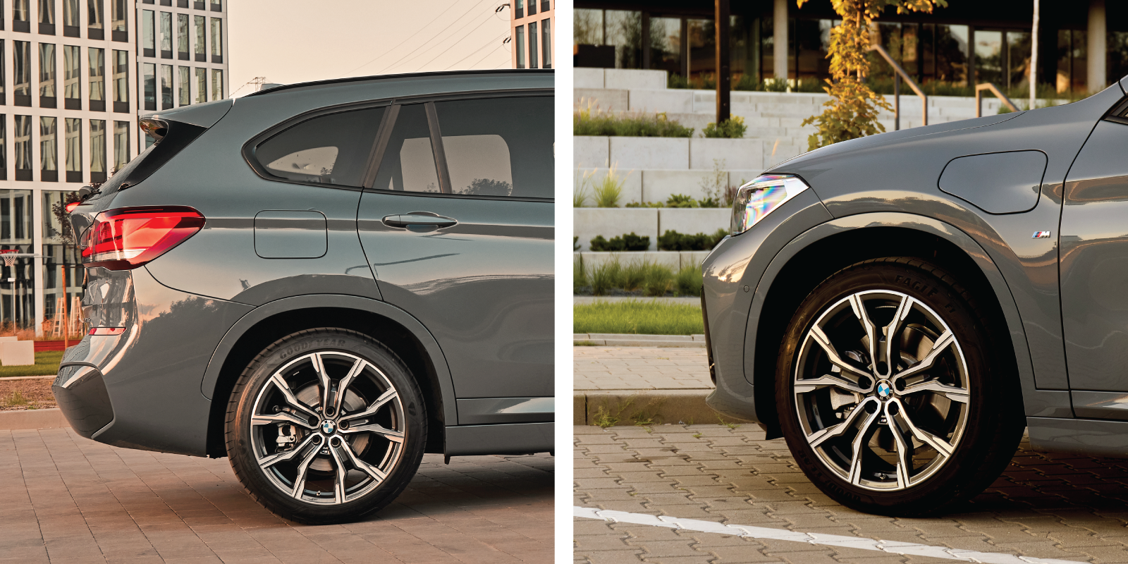 Two Views Of A Plug-In Hybrid Vehicle; The Left Side Has A Charging Port And The Right Side Has A Fuel Door